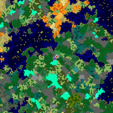 Predicted biome map of Java 1.16 seed 223689621609165545 around estimated spawn