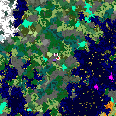 Predicted biome map of Java 1.16 seed -6518836671309689191 around estimated spawn