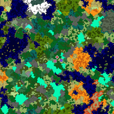 Predicted biome map of Java 1.16 seed 4657410065877845888 around estimated spawn