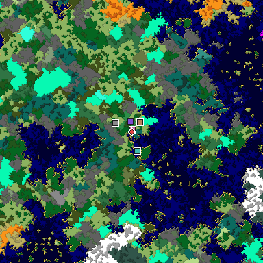 Predicted biome map of Java 1.16 seed 1999638736154930615 around estimated spawn