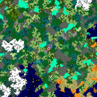 Predicted biome map of Java 1.16 seed 8608834096980829443 around estimated spawn
