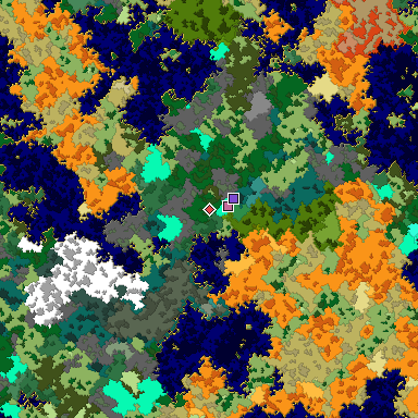 Predicted biome map of Java 1.16 seed 8223821455364883666 around estimated spawn
