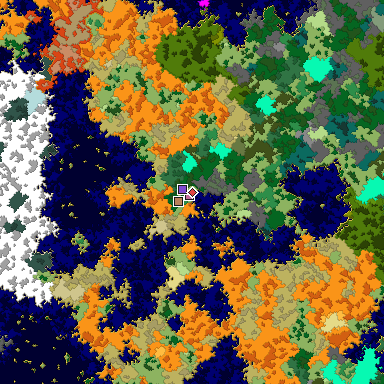 Predicted biome map of Java 1.16 seed -6100321585642030992 around estimated spawn