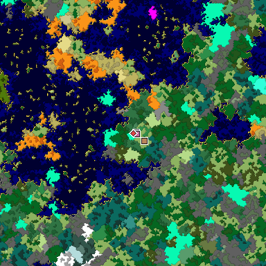 Predicted biome map of Java 1.16 seed 7910450821678442406 around estimated spawn