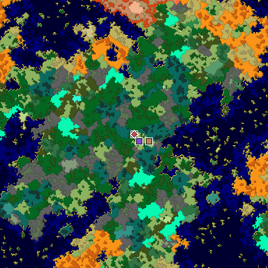 Predicted biome map of Java 1.16 seed -3638868554944039075 around estimated spawn