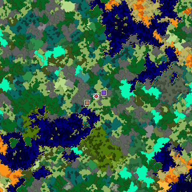 Predicted biome map of Java 1.16 seed -5101074256073970514 around estimated spawn