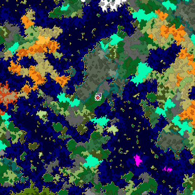 Predicted biome map of Java 1.16 seed 6872066167147219871 around estimated spawn