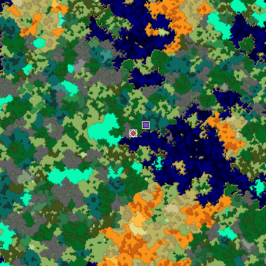 Predicted biome map of Java 1.16 seed 5535279758962724455 around estimated spawn