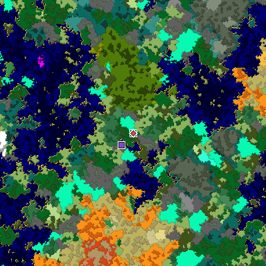 Predicted biome map of Java 1.16 seed 86459937520913877 around estimated spawn