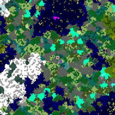 Predicted biome map of Java 1.16 seed -3607409288848234448 around estimated spawn