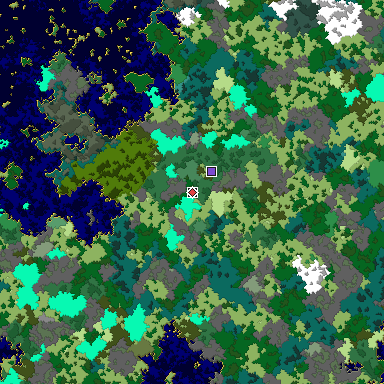 Predicted biome map of Java 1.16 seed 2114551652553395109 around estimated spawn