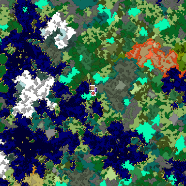 Predicted biome map of Java 1.16 seed -7485760203958921800 around estimated spawn