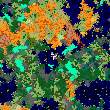 Predicted biome map of Java 1.16 seed -8554319041533710190 around estimated spawn