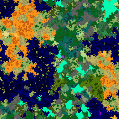 Predicted biome map of Java 1.16 seed -9160311896190654496 around estimated spawn