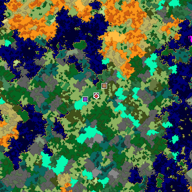 Predicted biome map of Java 1.16 seed 2381621597508676104 around estimated spawn