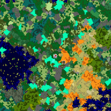 Predicted biome map of Java 1.16 seed 854204640749883845 around estimated spawn
