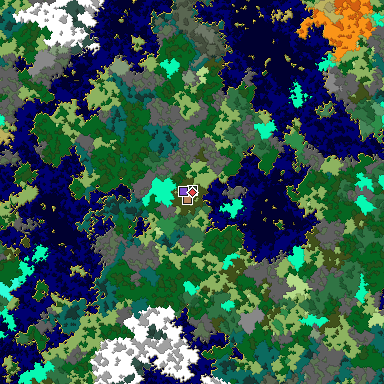 Predicted biome map of Java 1.16 seed -3303027389107490928 around estimated spawn