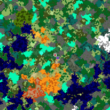 Predicted biome map of Java 1.16 seed 5205862274830746091 around estimated spawn