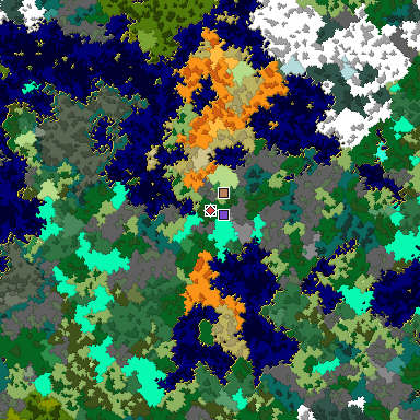 Predicted biome map of Java 1.16 seed 7696306902986335280 around estimated spawn