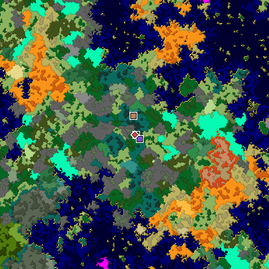 Predicted biome map of Java 1.16 seed -2157607276386378081 around estimated spawn