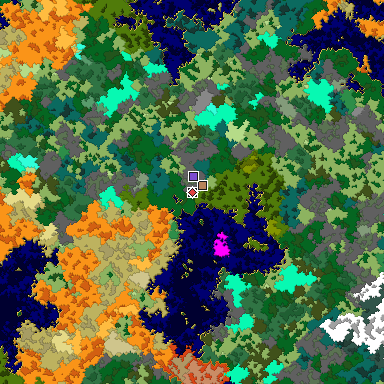 Predicted biome map of Java 1.16 seed -2616174696021055686 around estimated spawn
