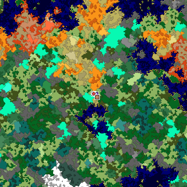 Predicted biome map of Java 1.16 seed 1220019831355703286 around estimated spawn