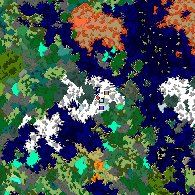 Predicted biome map of Java 1.16 seed -4697684706302325355 around estimated spawn