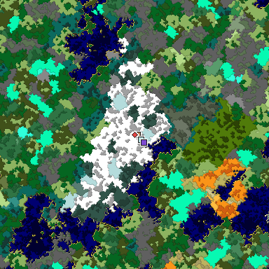 Predicted biome map of Java 1.16 seed 3694057353344821697 around estimated spawn