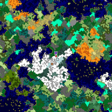 Predicted biome map of Java 1.16 seed -6037805331484905386 around estimated spawn
