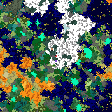 Predicted biome map of Java 1.16 seed -8595868006748693052 around estimated spawn