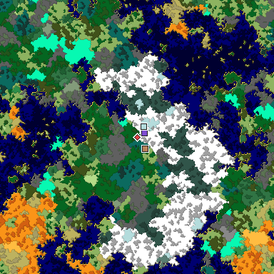 Predicted biome map of Java 1.16 seed 9079054443358711651 around estimated spawn