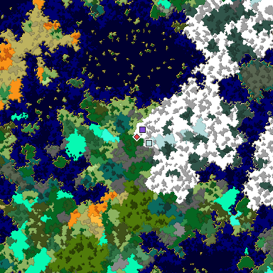 Predicted biome map of Java 1.16 seed 4456126865186658008 around estimated spawn