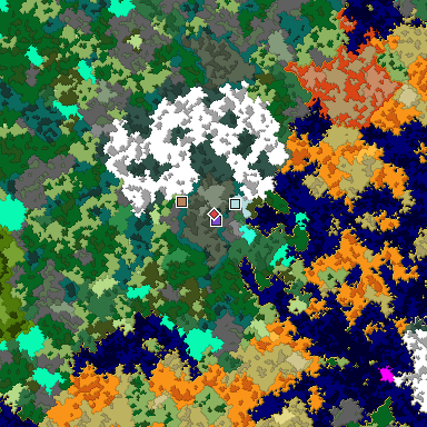 Predicted biome map of Java 1.16 seed 3266012299823113319 around estimated spawn