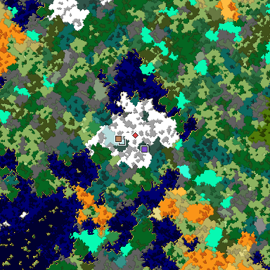 Predicted biome map of Java 1.16 seed 6793815332087553727 around estimated spawn