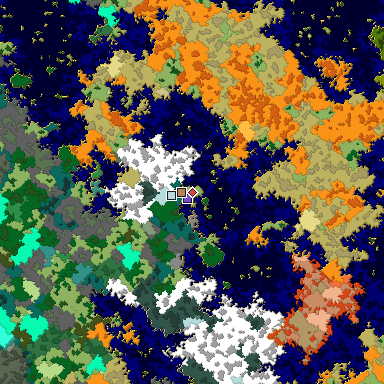 Predicted biome map of Java 1.16 seed -2241080897234739822 around estimated spawn