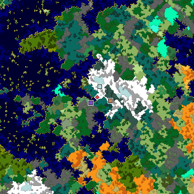 Predicted biome map of Java 1.16 seed 3930139139877286328 around estimated spawn