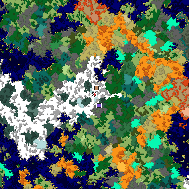 Predicted biome map of Java 1.16 seed -7106768051194209897 around estimated spawn