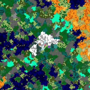 Predicted biome map of Java 1.16 seed -2668279347203906181 around estimated spawn