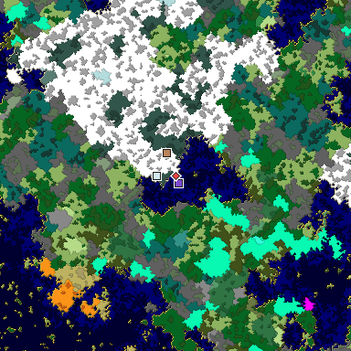 Predicted biome map of Java 1.16 seed 8695363046951484060 around estimated spawn