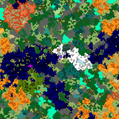 Predicted biome map of Java 1.16 seed -7329148366031062319 around estimated spawn