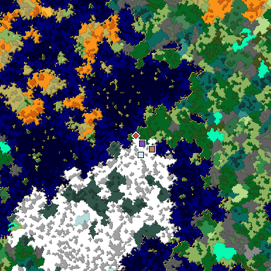 Predicted biome map of Java 1.16 seed -5751615400151864265 around estimated spawn