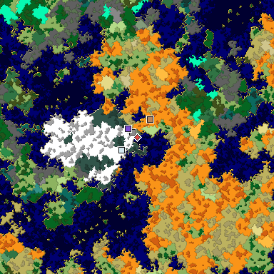 Predicted biome map of Java 1.16 seed 3587715786751312813 around estimated spawn