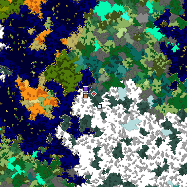 Predicted biome map of Java 1.16 seed -734333485347058117 around estimated spawn