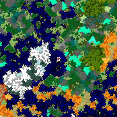 Predicted biome map of Java 1.16 seed -8349135420058569099 around estimated spawn