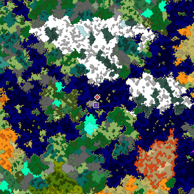 Predicted biome map of Java 1.16 seed 3806833560058754938 around estimated spawn