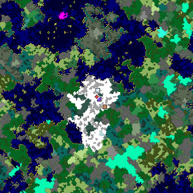 Predicted biome map of Java 1.16 seed -8730370099015259834 around estimated spawn