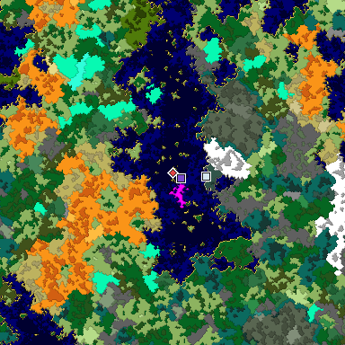 Predicted biome map of Java 1.16 seed -3222397513612575191 around estimated spawn