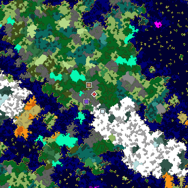 Predicted biome map of Java 1.16 seed 7074013627828079110 around estimated spawn
