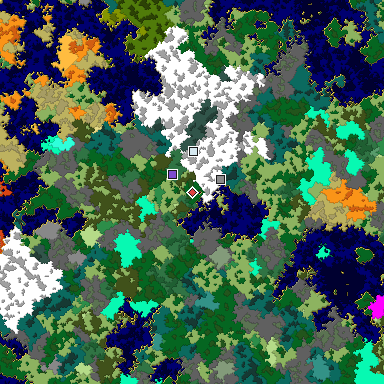 Predicted biome map of Java 1.16 seed -7597669220026657954 around estimated spawn