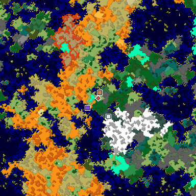 Predicted biome map of Java 1.16 seed -2474512203892664085 around estimated spawn
